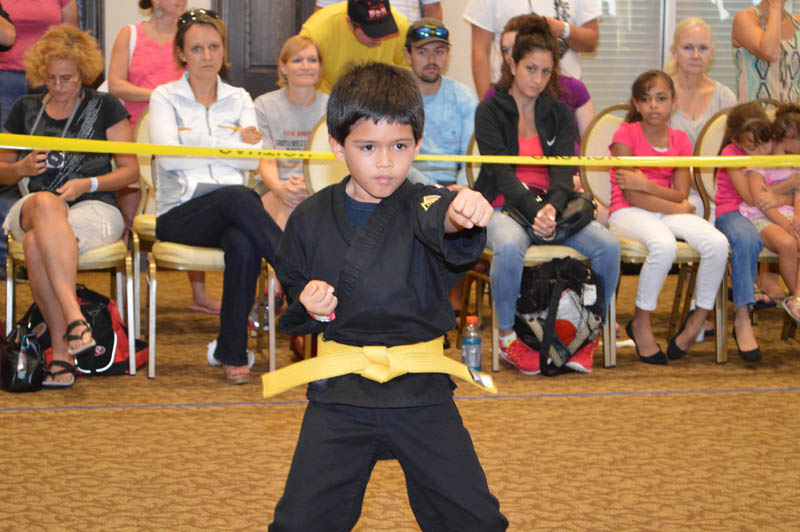 young boy with black uniform and yellow belt performs martial arts routine