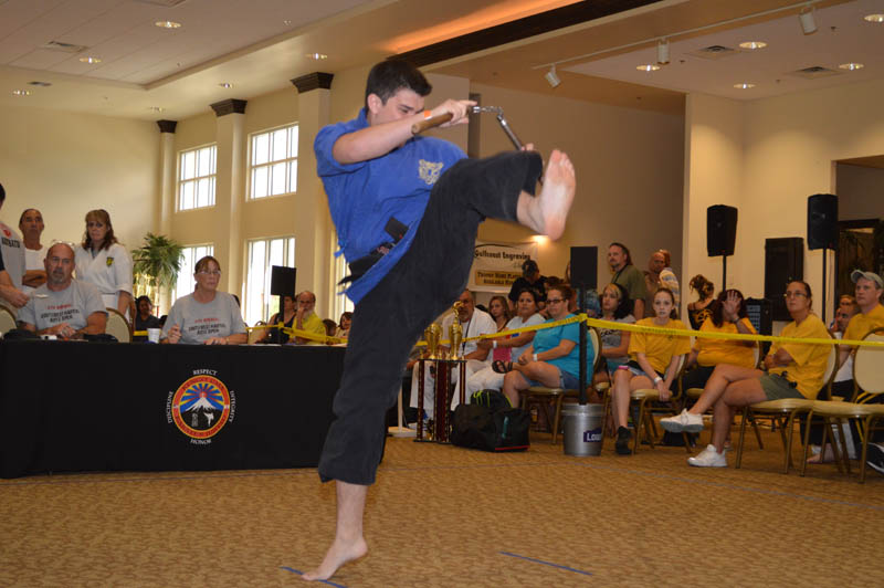 teenage boy performs martial arts kick